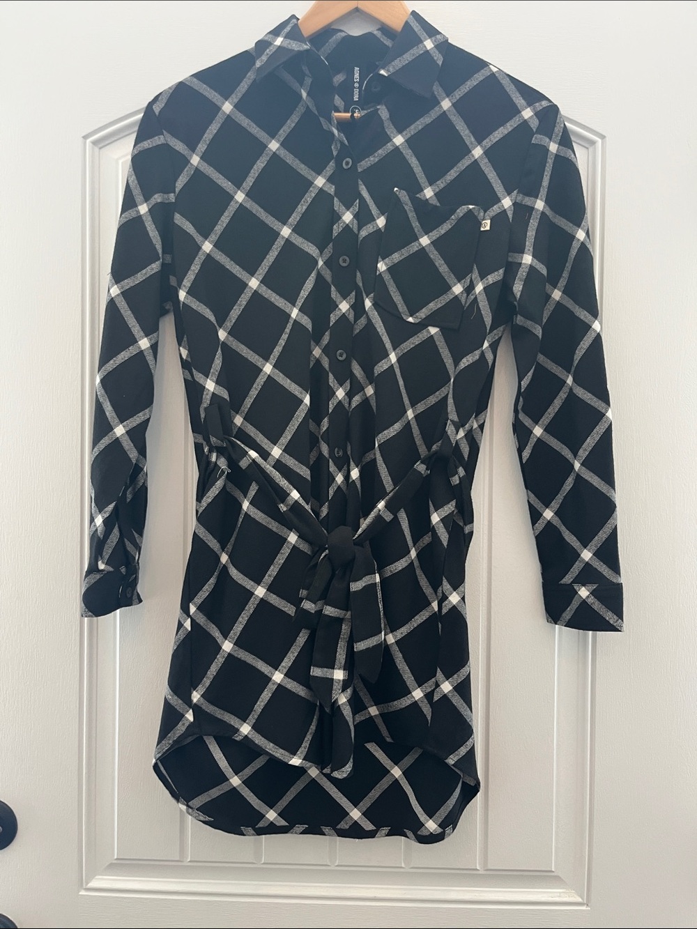 Agnes & Dora Black Plaid Tie-Waist Shirt Dress